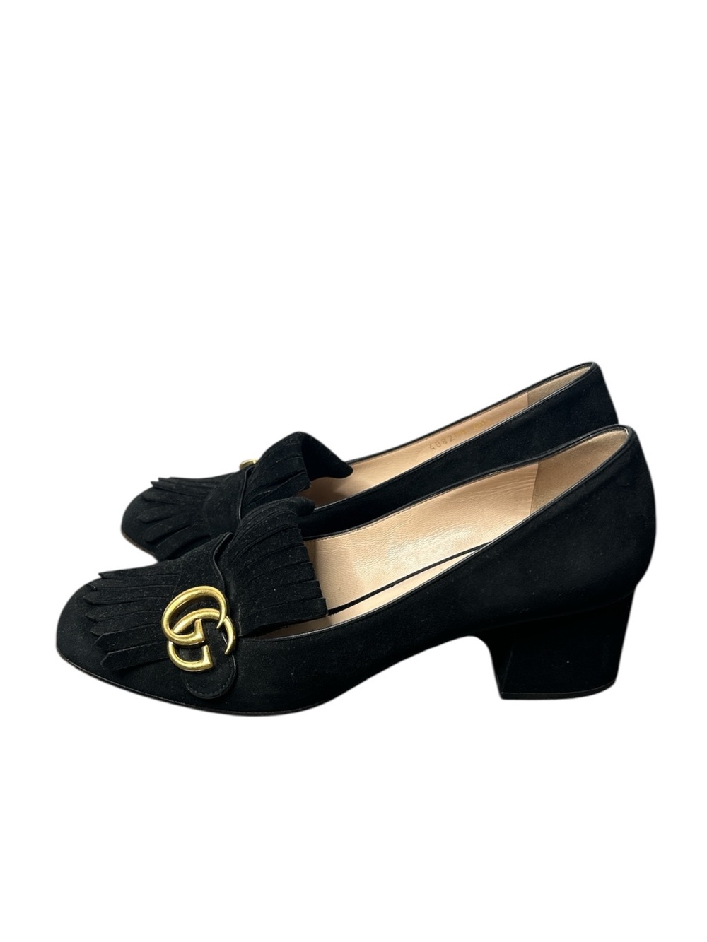 Gucci Marmont Fringe Block Heel Pumps Black Suede Double G Loafers Size 40.5 - Picture 2 of 9